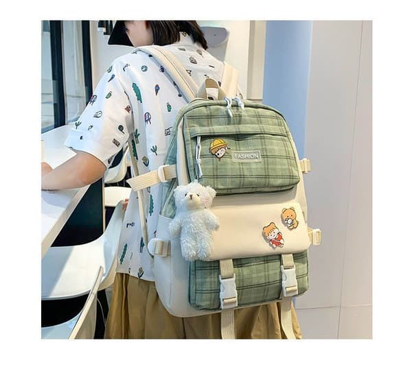 Five-piece School Bag Large Capacity Shoulder Bag Includes Bear Pendant-985 Green