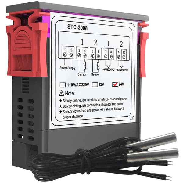Dual Digital Display Thermostat Temperature Controller with Dual NTC Probe Relay Output, DC 24V - DC 24V