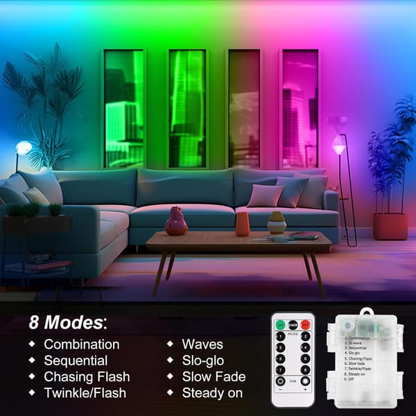 3m Batteridrevne LED-strips med fjernkontroll, 90 LED-lys, Vanntette, 8 moduser, Dimbare, Klippbare (Flerfarget)