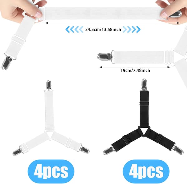 Adjustable Sheet Straps Elastic Sheet Holders with Clips Triangular Fasteners for Mattress Sofa Couch Cover Non-slip Grip 4 Black and 4 White
