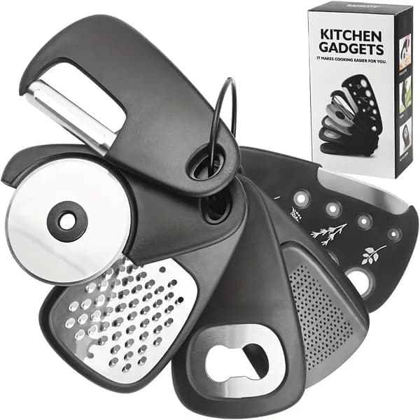 Kitchen Utensil Set 6 Pieces Stainless Steel Stackable Pizza Cutter Peeler Grater RV [Ho]