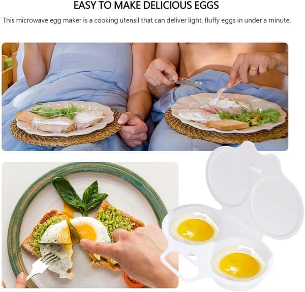 White Microwave Egg Poacher 2-Cavity Nonstick Egg Cooker with Lid Double Cup Poached Egg Maker Easy Egg Cooker Kitchen Utensil