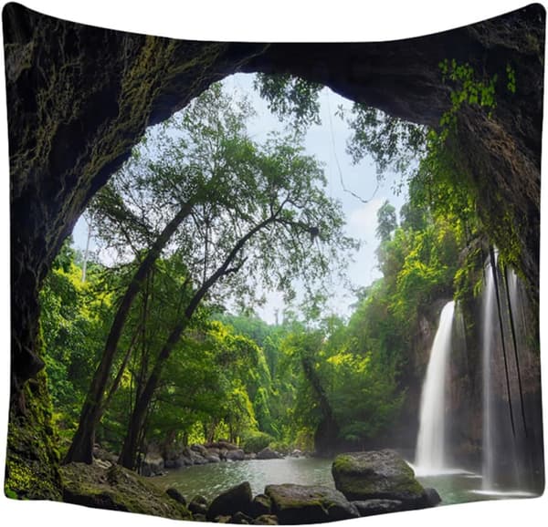Forest Waterfall Tapestry, Terylene Background, Multifunctional and Easy to Clean Hanging Decor