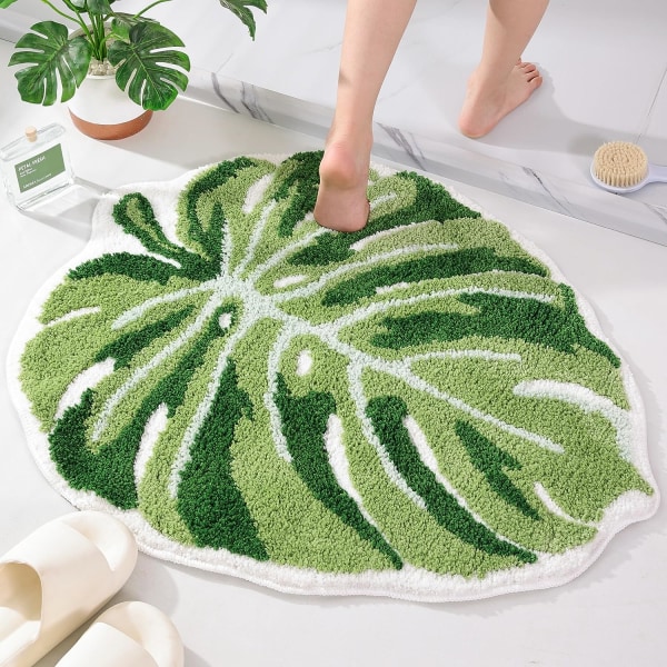 Stor lövduschmatta, halkfri grön växtbadrumsmatta, bedårande palmformad badkarsmatta, duschmatta i plysch för badrum (2