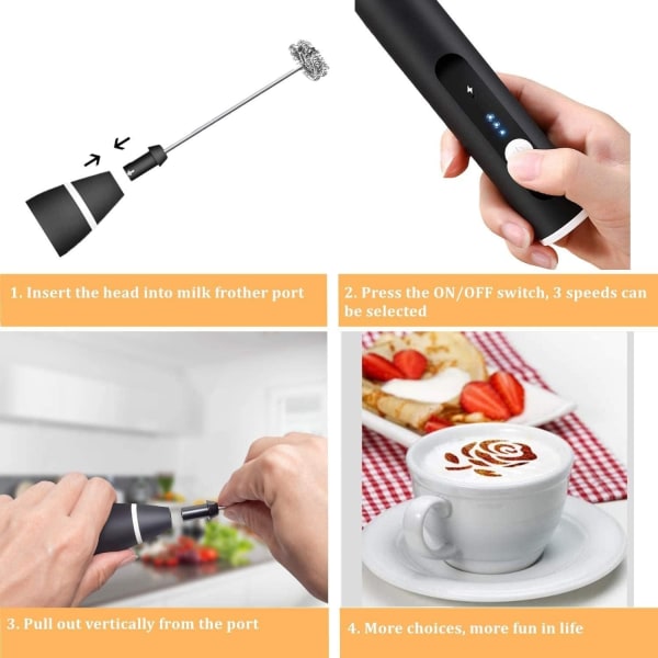 Trådlös Skummare med Immersion Blender, USB Laddningsbar, Liten Mixer med 2 Rostfria Vispar, 3-Hastighets Justerbar Mini Skummare