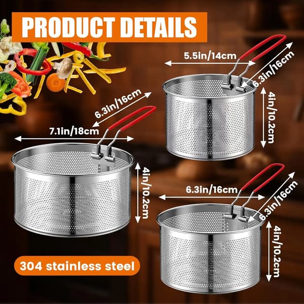 304 Stainless Steel Pasta Strainer Baskets, 3-Pack Noodle Blanching Baskets with Long Detachable Handles for Kitchen Use