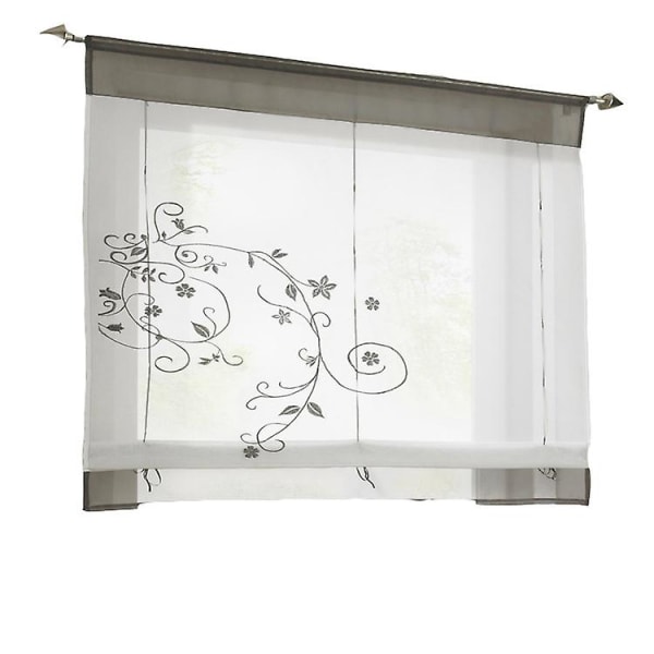 Romantisk Gardin med Toppflik för Kök och Balkong (grå, 60*120cm), Broderad Pastoral Roman Blinds med Bandstänger