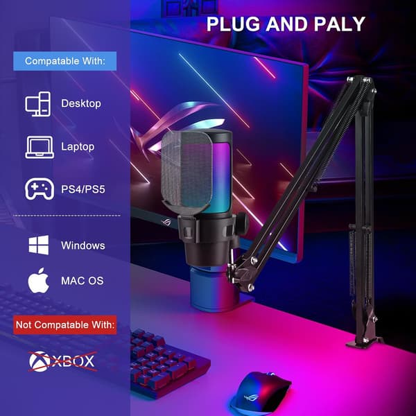 USB Gaming Microphone, RGB Condenser Microphone, with Arm, for Mac PS4 PS5, Streaming Gaming Podcaster