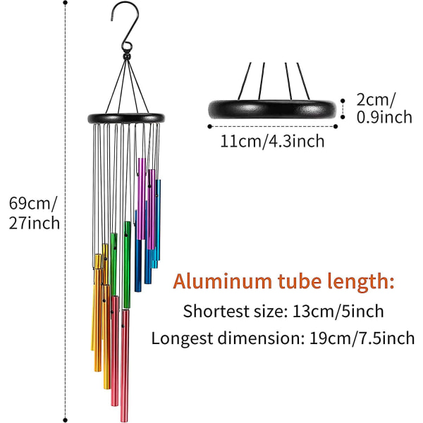 Utomhus vindspel, 14 färger aluminiumrör vindspel, färgglada regnbåge trädgård vindspel för uteplats bakgård hem hängande dekor (flerfärgad, 27 tum