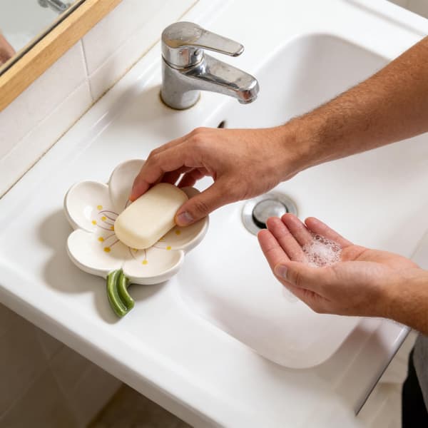 Soap Dish with Ceramic Leaves, White Ceramic Soap Dish with Elegant Patterns, Self-Draining Soap Holder, for Shower, Bathroom, Kitchen, Sink (Leaves)