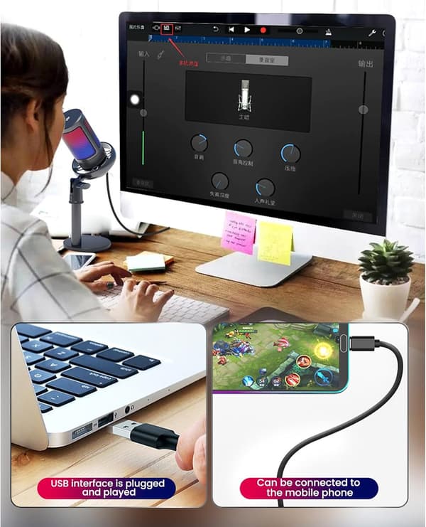 RGB Gaming Microphone for Computer USB PC PS4 PS5 Mac Phone Podcast Microphone with Touch Mute Gain Control for Streaming Recording Black
