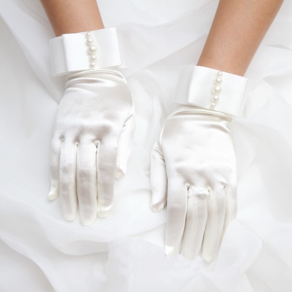 White Gloves Women Bridal Wedding Gloves Beaded Pearl Beaded Satin Wedding Gloves