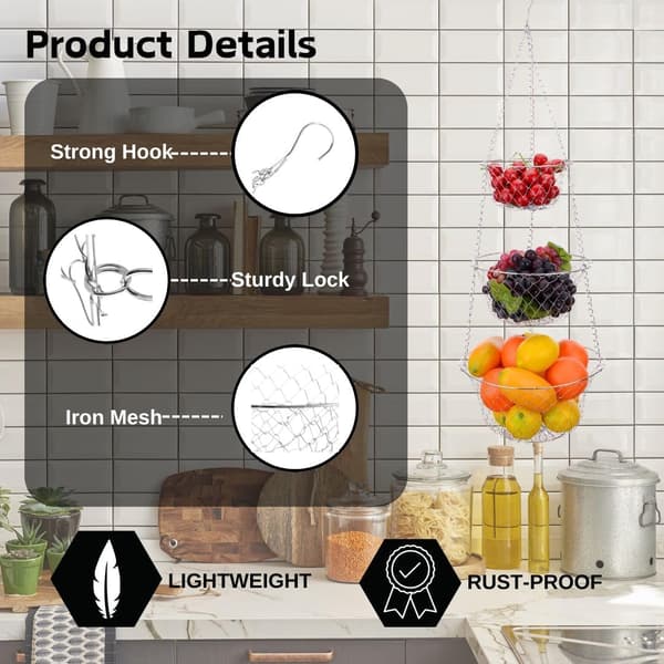 Three-tier fruit basket, kitchen storage basket for vegetables, hanging chain, space-saving, plant storage basket, fruit basket (silver)