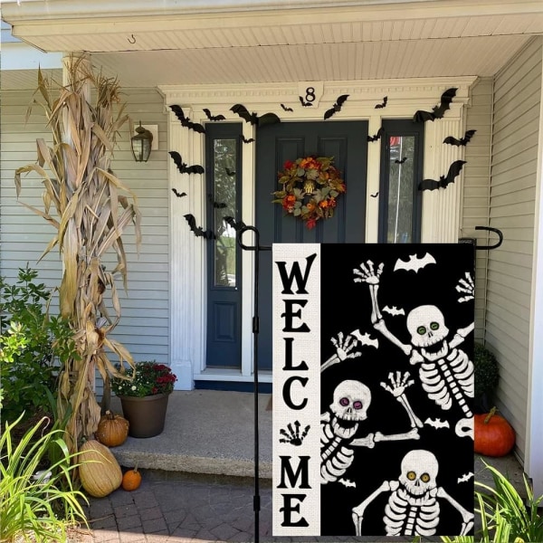 Velkommen Halloween Skull Lille Haveflag Vertikal Dobbeltsidet Burlap 12 x 18 Tommer Have Veranda Udendørs Dekoration