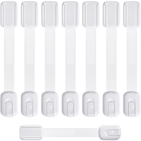 Hvit sikkerhetslås, sett med 8 skaplåser for barn med 3M lim, babysikkerhetslåser for skap