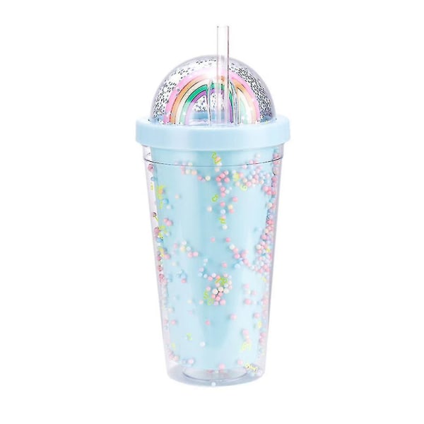 550ml Rainbow plast vannflaske Dobbeltlags paljetter Drikkekopp med strå Dame Jente GaveBlå Blue