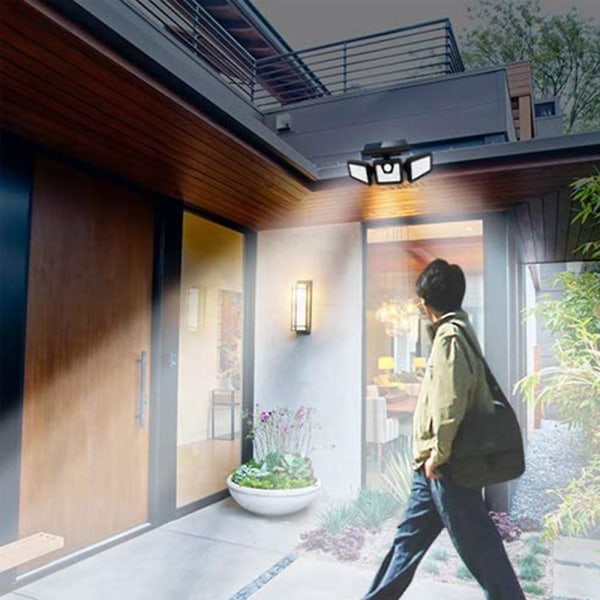 Solcelle Sikkerhetslys, 3 Hode Bevegelsessensor Lys Justerbar 74led Flomlys Utendørs Spotlights 360 Rotatable Ip65 Vanntett For Veranda Hage