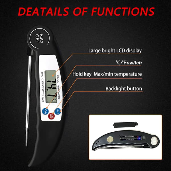 Kökstermometer, digital köttermometer, 3s snabb matlagningstermometer med hopfällbar lång sond, vattentermometer (27*4*2,3cm)