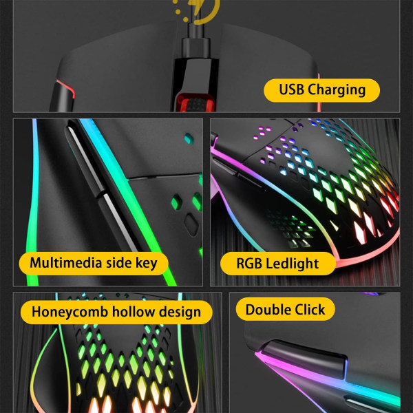Honeycomb uppladdningsbar trådlös spelmus med RGB-ljus/tyst klick/justerbar DPI, optisk spelmus för bärbar dator