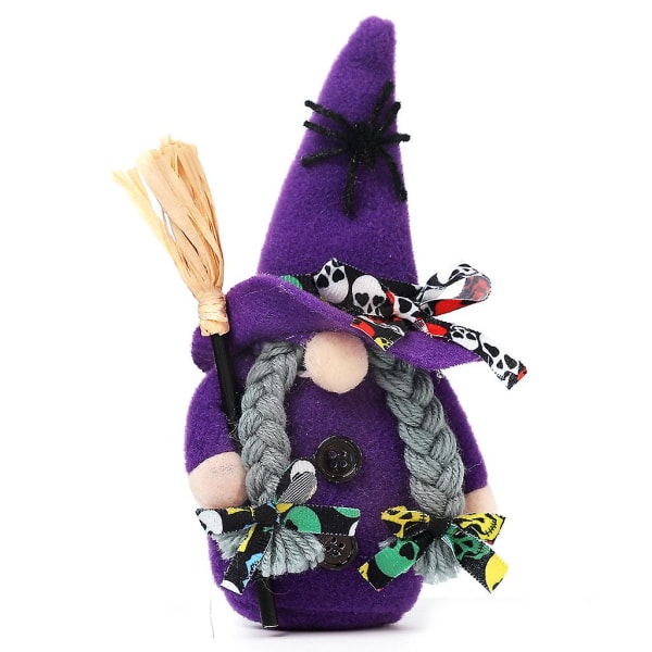 Halloween kvast Hög hatt Häxa Dvärg Gnome Docka Prydnad Söt tecknad dvärg Tomte Heminredning Halloween Firande Lila
