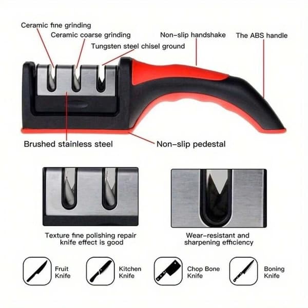 Three-in-one manual knife sharpener for the home kitchen.