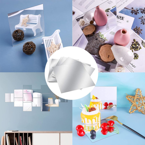 6 stk. Vægspejl Stickers Kvadrat Aftagelig Spejl Lim Sølv Selvklæbende Spejl Vægstickers Soveværelse Stue Badeværelse 20 x 20cm