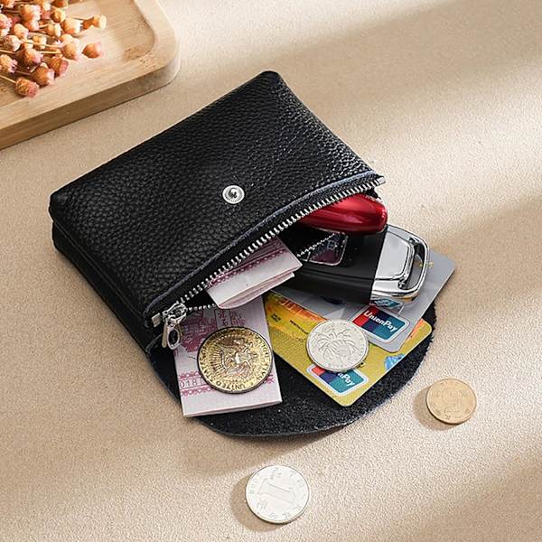 Small Double Layer Leather Coin Purse, Black
