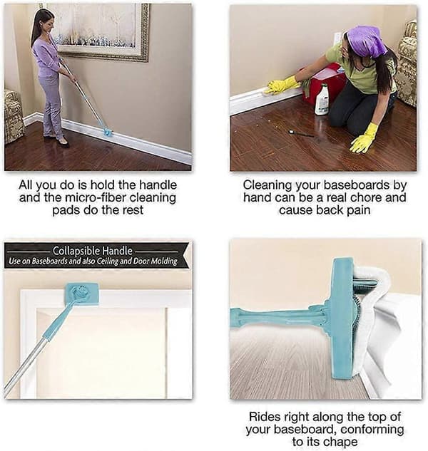 Baseboard Cleaner with Handle and 2 Reusable Cleaning Pads from No-Bending Mop. Baseboard Cleaner with Long Adjustable Handle for Baseboards