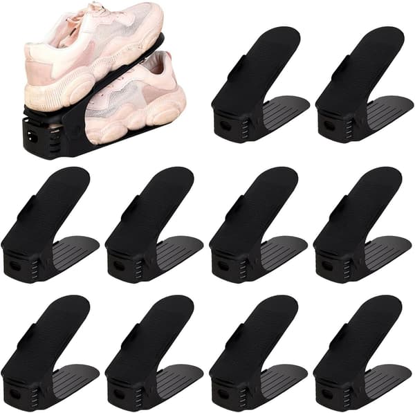 10-pack Black Adjustable Shoe Rack, Double Layer Non-slip Shoe Rack