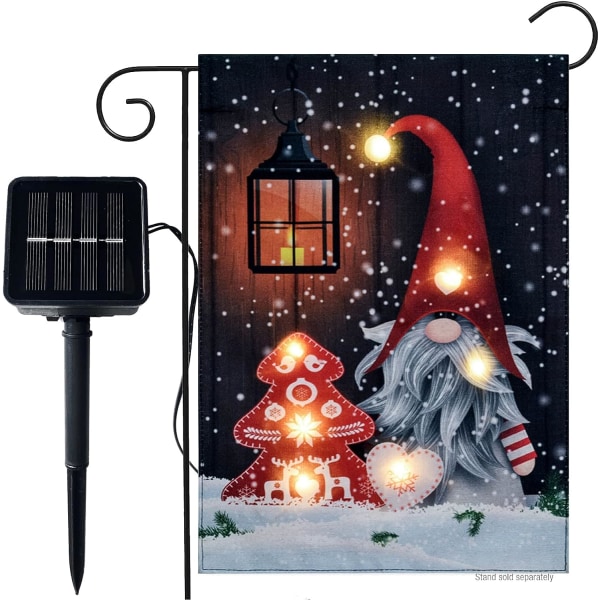 Joulutonttu säkkikangas Puutarhalippu valoilla - aurinko-LED Winter Gnome Lyhty Lumi Joulun miniliput Banneri 12x18 D