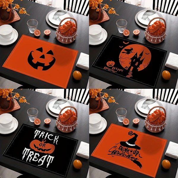 Oransje Spooky Haunted House Hexe Halloween Plassmatter Sett med 4, 12x18 Tommer Sesongmessige Bordmatter for Fest Kjøkken Spisestue Dekorasjon