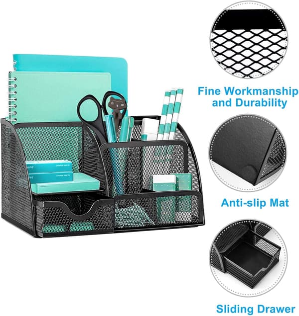 Mesh Desktop Organizer, Multifunctional Desk Storage & Pen Holder with 6 Compartments and 1 Pull-out Drawer, Stationary Organizer