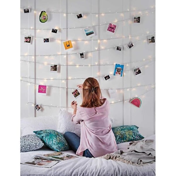 10m 100 LED-ljusslingor med 50 klämmor för foton, USB-ljusslingor för rumsdekoration, fotovägg och födelsedagsfest, varmvit
