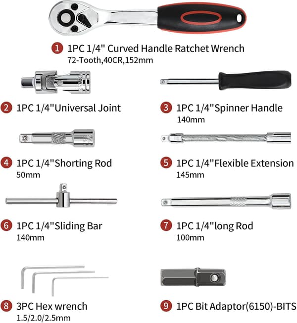 46 Pieces Cr-V Ratchet and Socket Set - 1/4\" 72 Teeth with Toolbox - Chrome Plated and Polished Car Mechanic Tools