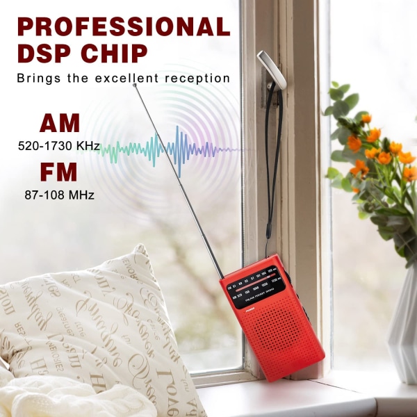 Bärbar radio AM FM, transistorradio med högtalare, hörlursuttag, 2AA batteridriven radio för långdistansmottagning