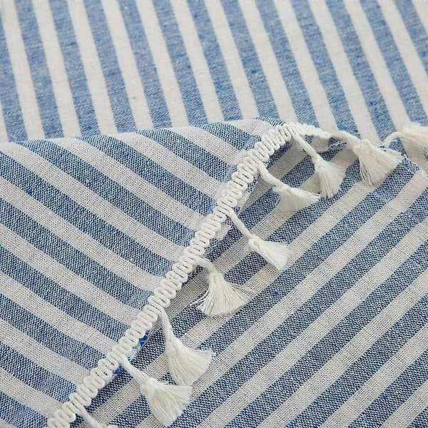 Cotton Linen Tablecloth with Stripes and Tassels, Rectangular, Dustproof Tablecloth for Kitchen, Dining Table, Table Decoration (140 cm x 180 cm, Blue)