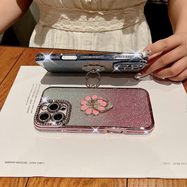 Etui til iPhone 16 Pro Max med galvaniseret kant og stativfunktion samt kameralinsebeskyttelse