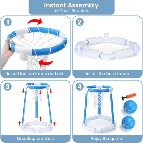 Flydende basketballbøjle til swimmingpool, udendørsbasketbøjle til børnebassin, basketballbøjle til pool med 2 bolde og pumpe, poolspil