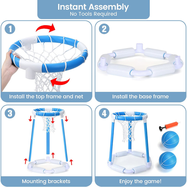 Flytande Basketkorg för Pool, Utomhus Barnpool Basketkorg, Pool Basketkorg med 2 Bollar och Pump, Poolspel