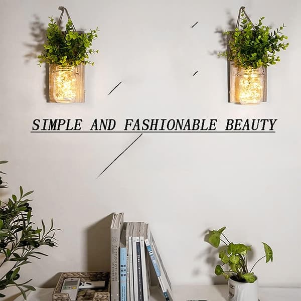 Rustic Wall Sconces, Mason Jar Lights, Farmhouse Decor, LED String Lights, Green Artificial Plant, Warm Tone Lighting for Home Decor. (2-Pack)