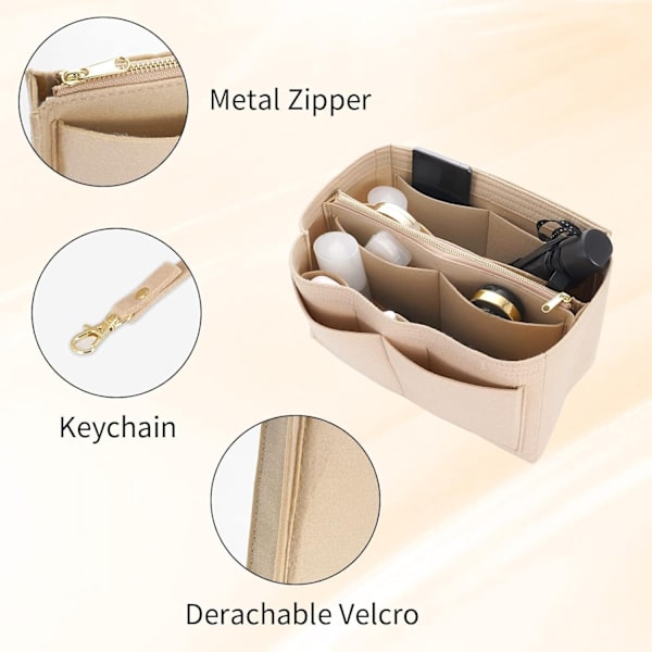 Pengepung Organizer Indsats til Håndtasker, Premium Filt Organizer med Lynlås Lomme, (Medium, Beige)
