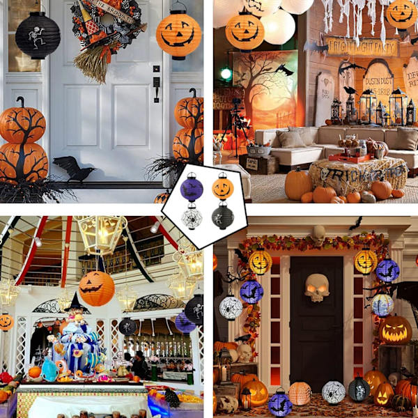 4-pakke 7,8 tommers Halloween-dekorasjoner papirlykter, spøkelseshus hengende lykt skjelettet gresskar smilende flaggermus edderkopper mønster