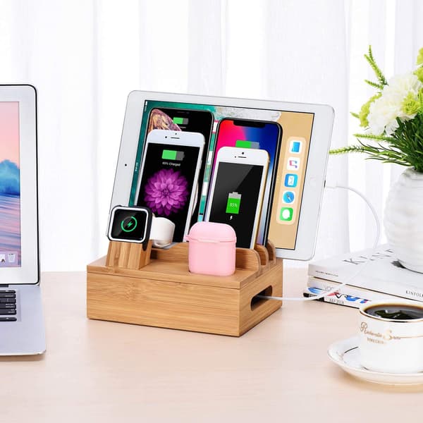 Bamboo Wood Multi-Device Charging Station and Storage Box, Univer