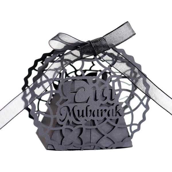 50-pack godisaskar Ramadan-dekorationer Hollow spets Bröllopsfest gynnar choklad presentförpackning med band Semesterfesttillbehör Svart