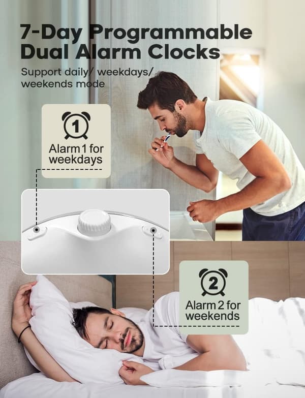 Light alarm clock, daylight alarm clock, sunrise, sunset simulation, full screen wake-up light with dual alarms