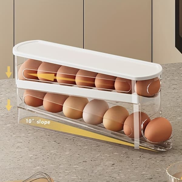 Automatic Egg Storage Box for 12-14 Eggs, Double-Layer Sliding Lid, Space-Saving Egg Rack for Refrigerator