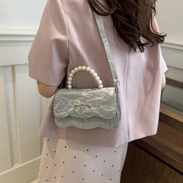 Women's PU Leather Shoulder Bag with Bow and Adjustable Strap, Elegant Pearl Handle, Crossbody Handbag Gray Gray