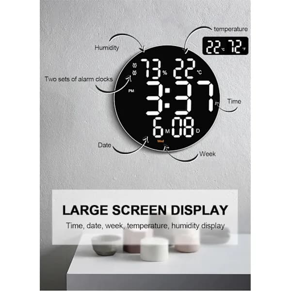 Multifunctional 10-inch LED Round Large Screen Digital Living Room Wall Clock Silent Time Day Date Temperature Electronic Clock