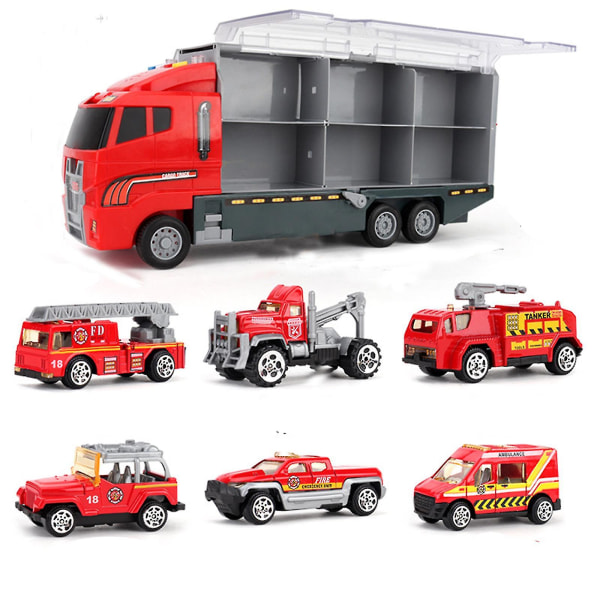 Brandbil med brandmandslegetøjssæt, mini-sprøjtestøbt brandbiltransporter, mini-rednings-nødtransport dobbeltsidet transporter til børn
