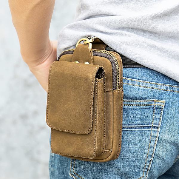 Brun Läder Mobiltelefon Midjepåse, Män Mobiltelefon Bältesklämma Holster Small, Läder Smartphone Fanny Midjeväska för Me